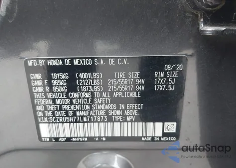 2020 Honda Hr-V 2Wd Ex-L z USA, uszkodzony, nr VIN 3CZRU5H77LM717873